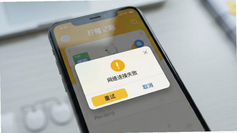 主体为一部手机屏幕显示柠檬记账App的错误提示弹窗,弹窗内有一个黄色感叹号图标和“网络连接失败”文字,屏幕下方有“重试”和“取消”按钮。布局以手机为中心,背景为虚化的浅灰色桌面。排版简洁,突出弹窗内容。风格写实,细节包括玻璃反光和按钮阴影。画质清晰,无多余元素。