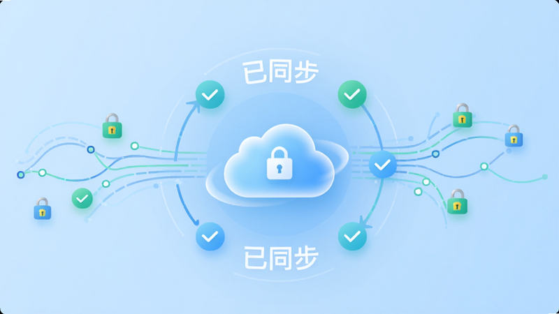 主体为柠檬记账App的数据同步界面,屏幕中央有一个旋转的云朵图标,周围环绕着“已同步”字样和对勾标识。布局采用居中对称构图,背景为淡蓝色渐变。排版简洁,突出云同步和安全锁元素。风格科技感且清新,细节包括数据流动线条和加密锁小图标。画质高清,无多余元素。