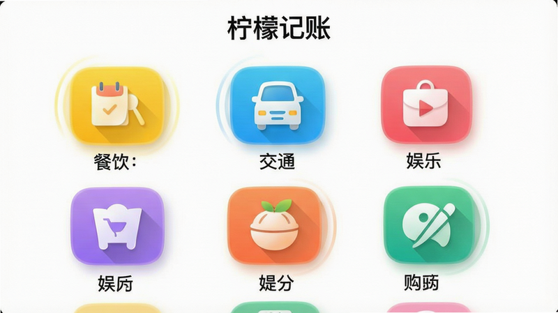 主体为柠檬记账App的分类选择界面截图,屏幕内展示餐饮、交通、购物、娱乐等彩色圆角图标。布局采用九宫格排列,背景为白色,顶部有“柠檬记账”字样。排版整齐清晰,每个图标下方有对应中文标签。风格简洁现代,细节包括图标阴影和轻微动效感。画质干净明亮,无多余元素。