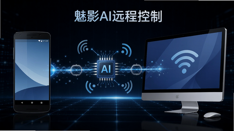 展示“魅影AI远程控制”的AI连接示意图,画面左侧为一部安卓手机,右侧为一台电脑,中间有一条发光的蓝色数据链路,链路周围有AI芯片和信号波纹图标,背景为深色科技感网格,画质干净清晰。