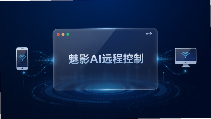 图片展示“魅影AI远程控制”主界面,背景为深蓝色科技感渐变,中央悬浮半透明玻璃质感控制面板,上面显示“魅影AI远程控制”文字,两侧有手机和电脑图标连接动画,整体风格简洁现代,高画质,干净无多余元素。