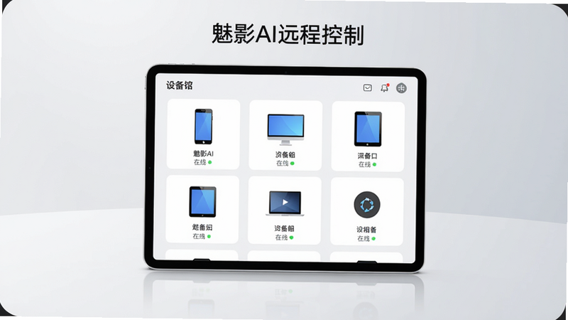 展示“魅影AI远程控制”的多设备管理界面,画面中央为一部平板电脑,屏幕上显示设备列表,包含手机、电脑、平板等图标,每个图标下方有设备名称和在线状态,背景为浅灰色渐变,界面简洁清晰,文字标注“魅影AI远程控制”字样,画质干净。