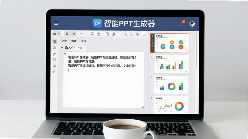 主体:一个打开的笔记本电脑,屏幕上显示智能PPT生成器的编辑界面,左侧是文字大纲输入框,右侧是自动生成的PPT页面缩略图。布局:电脑位于画面中央,屏幕内容占据主要视野,键盘前有一杯咖啡。排版:屏幕内左侧为输入框,右侧为幻灯片缩略图列表,画面简洁。风格:商务办公风格,浅灰色背景,界面元素清晰。细节:屏幕上方有“智能PPT生成器”的Logo和名称,幻灯片缩略图带有彩色图表,输入框内有几行文字。画质:高清,干净,无多余元素。