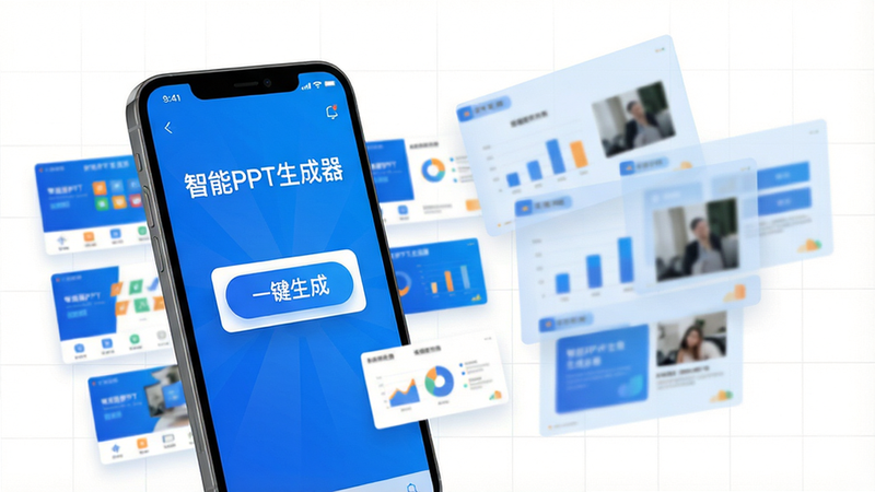 主体:一部智能手机屏幕显示智能PPT生成器的应用界面,界面中央有一个醒目的“一键生成”按钮,周围环绕着各种精美的PPT缩略图。布局:手机位于画面中心偏左,右侧悬浮着几张半透明的幻灯片页面,仿佛从手机中飞出。排版:画面上下留白,手机屏幕内容清晰可见,右侧幻灯片错落有致。风格:现代科技感,扁平化设计,色彩明亮,以蓝色和白色为主色调。细节:手机屏幕中显示“智能PPT生成器”字样,幻灯片上带有图表和图片的模糊轮廓,背景有微弱的网格线。画质:4K超清,干净,无多余元素。