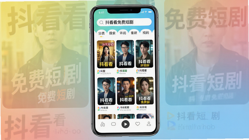 主体:手机屏幕上显示“抖看看免费短剧”APP界面,界面中有多个短剧封面缩略图,顶部有搜索栏和分类标签,整体风格清新明亮。布局:手机居中,屏幕内容清晰可见,背景为渐变色,突出APP名称。排版:手机屏幕内的界面布局整齐,封面图网格排列,文字标签清晰。风格:现代扁平化设计,色彩鲜艳,符合娱乐类APP气质。细节:屏幕中显示“抖看看免费短剧”字样,封面图带剧名标签,底部有播放按钮图标。画质:高清渲染,干净,无多余元素。
