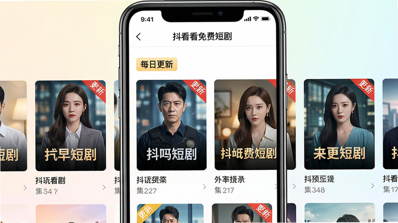 主体:手机屏幕展示“抖看看免费短剧”的短剧列表页面,列表中有多部短剧封面,每个封面下方显示剧名和集数,顶部有“每日更新”标签。布局:手机居中,屏幕内容清晰,背景为浅色渐变。排版:封面图横向排列,文字信息规整,突出更新状态。风格:清晰简洁,色彩明快。细节:封面图上带有“更新”角标,剧名文字清晰。画质:高清,干净,无多余元素。