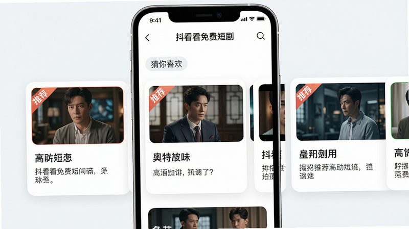 主体:手机屏幕展示“抖看看免费短剧”的推荐页面,页面中有多个推荐卡片,每个卡片显示剧名和推荐理由,顶部有“猜你喜欢”标签。布局:手机居中,界面简洁,卡片式布局。排版:卡片横向滑动,信息清晰,推荐理由用简短文字描述。风格:现代简约,色彩柔和。细节:推荐卡片上有“推荐”角标,剧名清晰可见。画质:高清,干净,无多余元素。