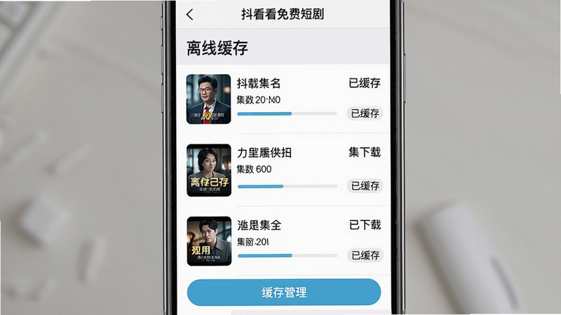 主体:手机屏幕展示“抖看看免费短剧”的缓存管理页面,页面中有已下载的剧集列表,每个项目显示剧名、集数和已缓存大小,顶部有“离线缓存”标题。布局:手机居中,界面清晰,列表排列整齐。排版:列表项包含封面缩略图和文字信息,底部有“缓存管理”按钮。风格:简洁实用,色彩搭配舒适。细节:列表项显示下载进度条和“已缓存”标签。画质:高清,干净,无多余元素。