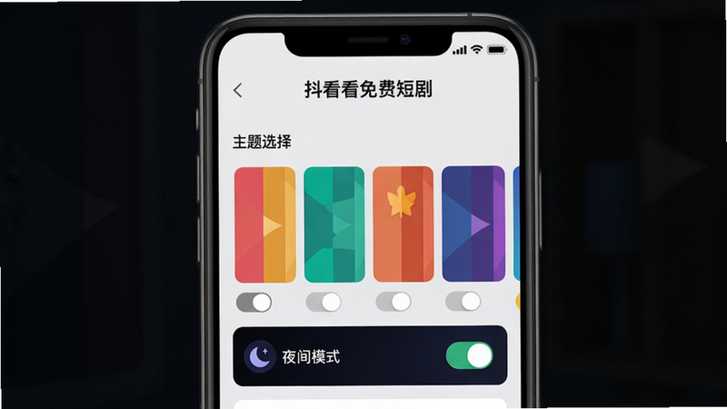 主体:手机屏幕展示“抖看看免费短剧”的设置页面,页面中有主题选择区域,包含多种颜色皮肤和夜间模式开关,当前选中“夜间模式”。布局:手机居中,界面简洁,功能分区明确。排版:主题色块横向排列,开关按钮清晰。风格:现代感强,色彩对比明显。细节:夜间模式开启后背景变暗,文字显示清晰。画质:高清,干净,无多余元素。