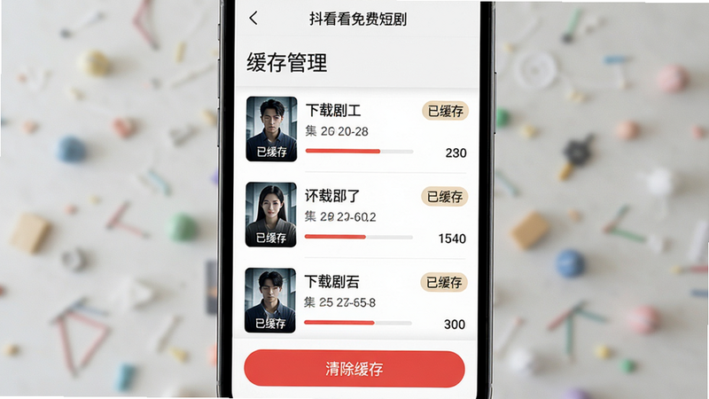 主体:手机屏幕展示“抖看看免费短剧”的缓存管理页面,页面中有已下载剧集列表,每个项目显示剧名、集数和缓存大小,顶部有“缓存管理”标题,底部有“清除缓存”按钮。布局:手机居中,界面清晰,列表排列整齐。排版:列表项包含封面缩略图和文字信息,底部有红色“清除缓存”按钮。风格:简洁实用,色彩搭配舒适。细节:列表项显示下载进度条和“已缓存”标签。画质:高清,干净,无多余元素。