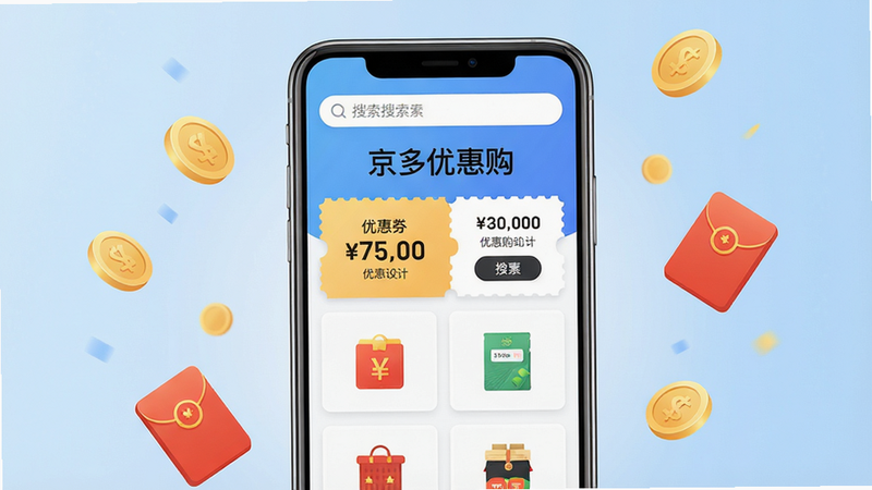 主体:京多优惠购App界面展示,手机屏幕中央显示“京多优惠购”字样及优惠券列表。布局:手机竖屏居中,背景为淡蓝色渐变,周围悬浮金币和红包元素。排版:界面清晰,上方搜索栏,下方商品卡片排列。风格:现代扁平化,色彩明亮活泼。细节:优惠券金额醒目,商品图片清晰,按钮圆润。画质:高清渲染,干净无多余元素。