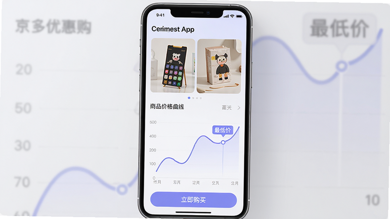 主体:京多优惠购App的“比价历史”页面,展示商品价格曲线图。布局:手机竖屏,上方为商品图,下方为折线图,背景为淡紫色。风格:数据可视化,现代科技感。细节:曲线图清晰标注最低价点,下方有“立即购买”按钮。画质:高清,干净,无多余元素。