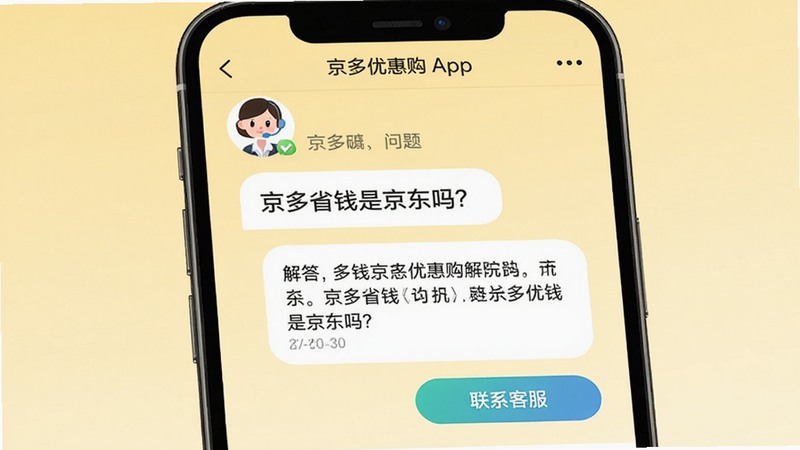 主体:京多优惠购App的问答界面,屏幕显示“京多省钱是京东吗?”问题及解答。布局:手机竖屏,背景为浅黄色,上方有客服头像。风格:客服对话风格,亲切友好。细节:解答文字清晰,下方有“联系客服”按钮。画质:高清,干净,无多余元素。