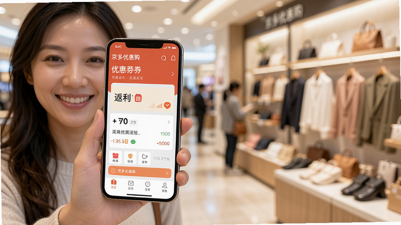主体:用户手持手机使用京多优惠购App,屏幕上显示优惠券和返利信息。布局:人物位于画面左侧,手机屏幕朝向镜头,背景为模糊的购物场景。风格:写实生活风,光线明亮。细节:用户面带微笑,手机屏幕内容清晰可辨。画质:高清,干净,无多余元素。