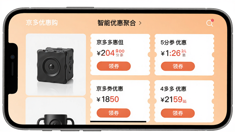 主体:京多优惠购App的“智能优惠聚合”功能页面,屏幕上展示多个商品优惠券卡片。布局:手机横屏展示,左侧为商品图,右侧为优惠信息,背景为浅橙色。排版:卡片式布局,信息层次分明。风格:清新商务风,细节丰富。细节:每个商品下方显示“领券”按钮,价格用红色标注。画质:高清,干净,无多余元素。