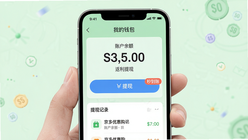 主体:京多优惠购App的“返利提现”界面,显示账户余额和提现按钮。布局:手机屏幕居中,上方显示“我的钱包”,下方展示提现记录。风格:简洁明亮,浅绿色背景。细节:余额数字用大号字体,提现按钮为蓝色,旁边有“秒到账”标签。画质:高清渲染,干净无多余元素。