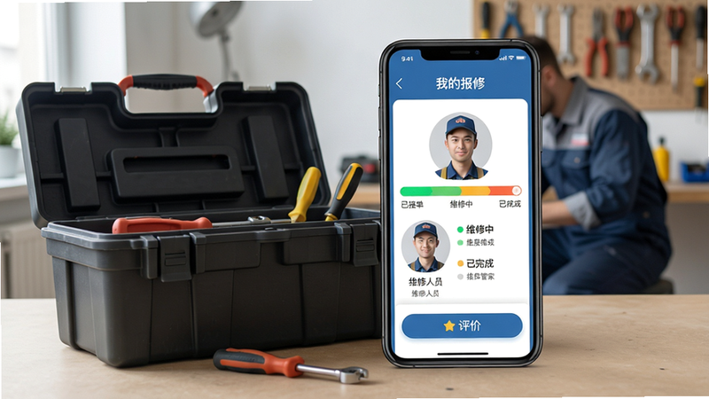 ���壺�ֻ�չʾ���ֹܼұ��޹���ҳ�棬������������ά����Ա��Ϣ�����֣��ֻ��빤���䲢�ţ�����Ϊ����ά�޳������Ű棺ҳ�涥��Ϊ���ҵı��ޡ����в�Ϊ���������ѽӵ���ά���С�����ɣ����ײ�Ϊ���۰�ť�����רҵ�ɿ���ϸ�ڣ���������ɫ��ά����Աͷ�����������ʣ����壬�ɾ��޶���Ԫ�ء�