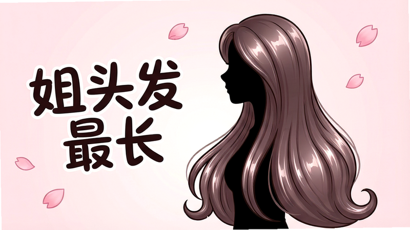 主体:一位长发飘飘的年轻女性侧面剪影,展示柔顺亮泽的长发,发梢垂至腰间。布局:人物居中,背景为淡粉色渐变,左侧悬浮着“姐头发最长”的趣味艺术字标题。排版:画面干净,人物与文字比例协调,文字采用圆润手写体,醒目但不突兀。风格:清新卡通插画风格,色彩柔和,线条流畅,整体氛围轻松愉悦。细节:发丝根根分明,带有自然光泽,发梢微微卷曲,背景点缀几片飘落的樱花花瓣。画质:高清,干净,无多余元素。