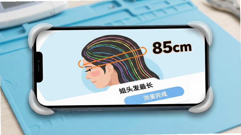 主体:智能手机屏幕显示测量界面,画面中人物头发被彩色线条标注,旁边显示长度数字“85cm”。布局:手机位于画面中央,背景为简洁的浅蓝色工作台,手机屏幕朝上,四角有柔光。排版:屏幕上数据清晰,下方有“姐头发最长”的Logo及“测量完成”按钮。风格:现代科技感与生活化结合,界面UI扁平化,色彩明快。细节:标注线条为橙色,数字为加粗黑体,手机边缘有轻微阴影。画质:高清,干净,无多余元素。