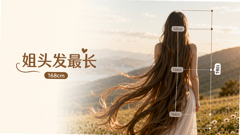 主体:一位长发及地的女性背影,站在自然风景中,头发如瀑布般垂下。布局:人物位于画面右侧,左侧留白用于放置“姐头发最长”的Logo与测量数据标签。排版:画面具有呼吸感,人物与文字形成对角线构图。风格:唯美摄影与插画结合,色调温暖,梦幻感。细节:发丝在风中微微飘动,发梢几乎触地,数据标签显示“168cm”。画质:高清,干净,无多余元素。