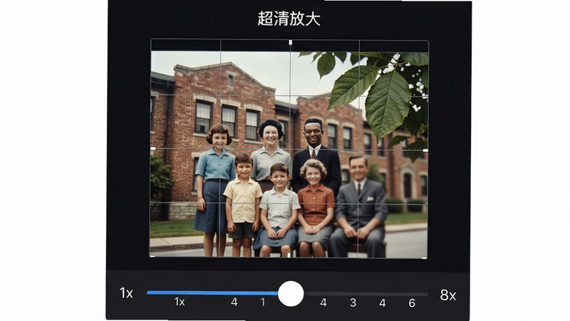 主体:展示“老照相片免费修复”APP的放大功能,一张小尺寸的合影照片,通过滑块调整放大倍率,画面中的建筑背景和人物表情依然清晰。布局:界面下方是倍率选择滑块,从1x到8x,中间是预览区域,可以拖动查看细节。排版:预览区域有网格线辅助对比,顶部显示“超清放大”字样。风格:专业图像处理软件风格,界面为深色主题。细节:放大后的区域,砖墙的纹理、树叶的脉络都清晰可见,没有模糊或变形。画质:细节丰富,画面干净,无多余元素。
