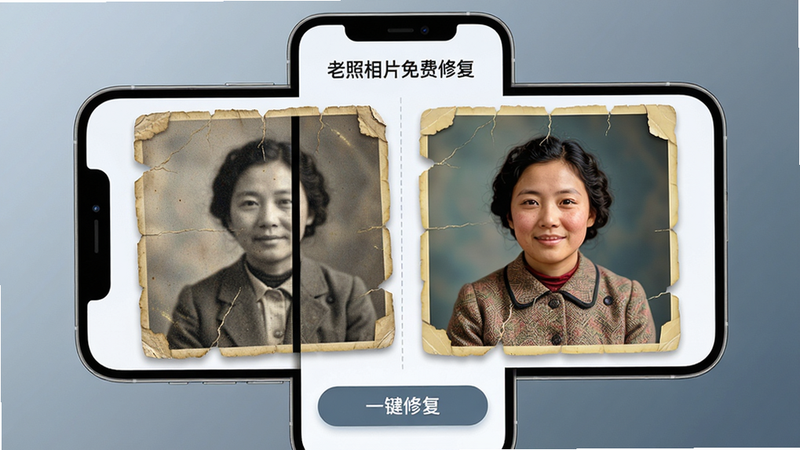 主体:一部正在运行“老照相片免费修复”APP的智能手机,屏幕界面显示一张泛黄破损的旧照片正在被AI算法修复,逐步变得清晰、色彩鲜艳。布局:手机置于画面中央,屏幕内容占据主要视觉区域,左侧是修复前的旧照,右侧是修复后的新照,形成强烈对比。排版:界面简洁,下方有“一键修复”的醒目按钮,上方显示“老照相片免费修复”的字样。风格:科技感与怀旧感结合,背景为柔和的渐变灰蓝色,突出屏幕内容。细节:修复后的照片中,人物的面部纹理、衣物细节都清晰可见,色彩自然;修复前的照片则呈现明显的褪色、折痕和噪点。画质:8K超高清,画面干净,无多余元素。