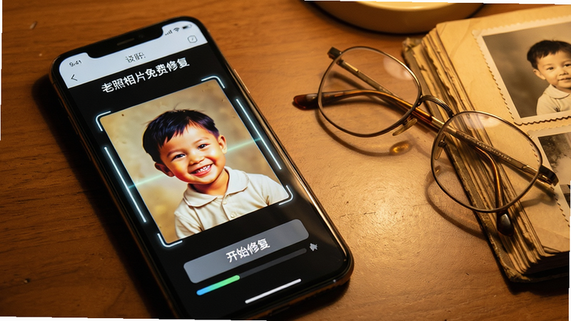 主体:一部手机斜放在桌面上,屏幕显示“老照相片免费修复”APP正在对一张泛黄的儿童照片进行修复,照片四周有扫描光线效果。布局:手机位于画面左侧,右侧摆放着一副老花镜和一本旧相册,营造出怀旧氛围。排版:手机屏幕内是软件操作界面,有“开始修复”按钮和进度条。风格:温馨的生活场景,暖色调灯光。细节:屏幕中修复后的儿童照片色彩鲜艳,笑容清晰,与旁边老旧的相册形成对比。画质:照片质感细腻,画面干净,无多余元素。