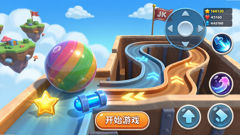 ���壺�������ս��Ϸ�����棬һ�Ų�ɫ���Ƶ�Բ��վ�������Թ���㣬ǰ���н�ɫ���Ǻ���ɫ���ٵ��ߣ�������������ƺ�Ư�����졣���֣��������ƫ���Ҳ�����������ֲ������Ϸ���������ҡ�˺ͼ��ܰ�ť���Ű棺UIͼ��Բ�󣬵ײ��С���ʼ��Ϸ����ɫ��ť����񣺿�ͨ��Ⱦ���߱���ɫ�ʣ���Ӱͨ͸��ϸ�ڣ���������з��⣬�����Ե�з����ͷָ����Զ�������а����ӡ����ʣ�4K���壬�ɾ��޶���Ԫ�ء�