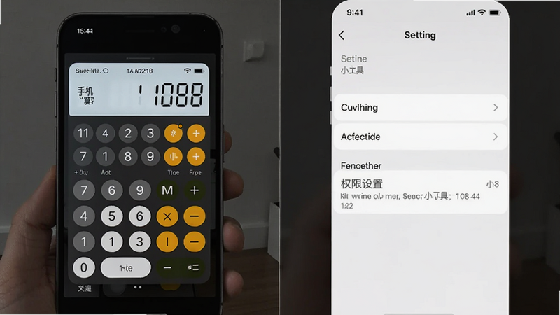 手机计算器使用技巧图示,展示悬浮窗小工具与权限设置界面,图片分为左右两半,左侧为计算器悬浮窗,右侧为设置页面,风格简洁,画质清晰