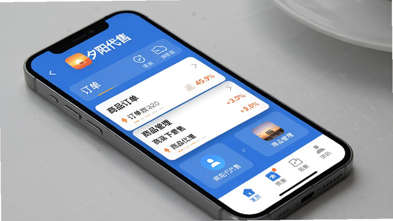 图片展示夕阳代售APP在手机上的主界面,界面布局清晰,顶部显示“夕阳代售”logo,中间是订单列表与商品管理入口,底部为导航栏,整体风格简洁现代,色彩以蓝白为主,画质干净,无多余元素