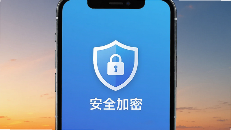 展示夕阳代售安全性能,手机屏幕中有盾牌图标与“安全加密”字样,背景为蓝色渐变,图标居中,画质干净,无多余元素