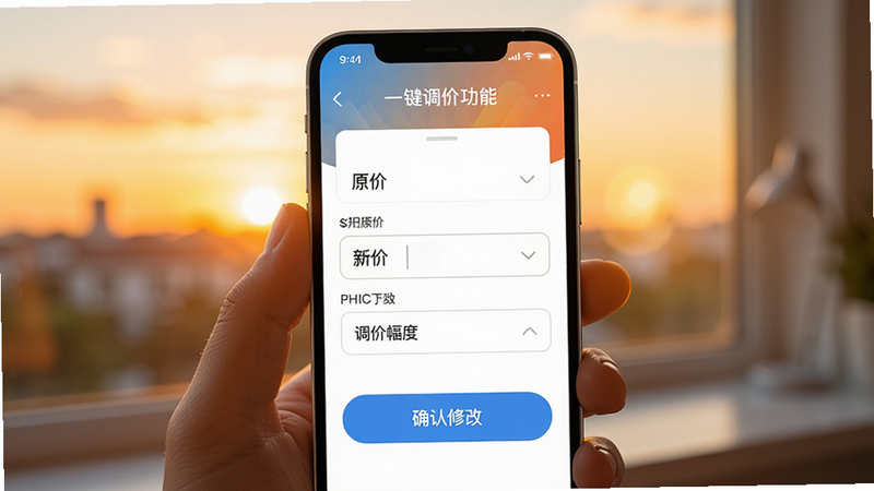 展示夕阳代售一键调价功能,手机屏幕上显示价格调整面板,包含原价、新价、调价幅度输入框,以及“确认修改”按钮,界面风格简洁,色彩明亮,画质清晰,无多余元素