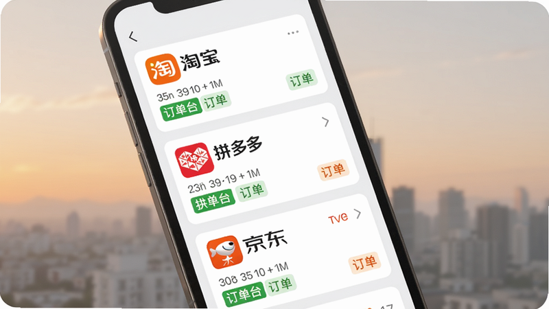 展示夕阳代售多平台订单聚合功能,手机屏幕内同时显示淘宝、拼多多、京东的订单卡片,每张卡片有平台logo与订单状态标签,背景为浅灰色,界面整洁,画质清晰,无多余元素