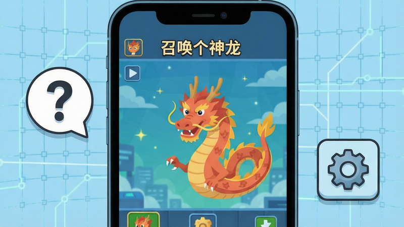 “召唤个神龙”游戏问答科普图解,画面中央是手机屏幕特写,屏幕内显示游戏主界面,旁边有问号气泡和齿轮图标,背景为浅蓝色科技感网格,排版简洁,风格扁平化插画,细节清晰,画质干净无多余元素