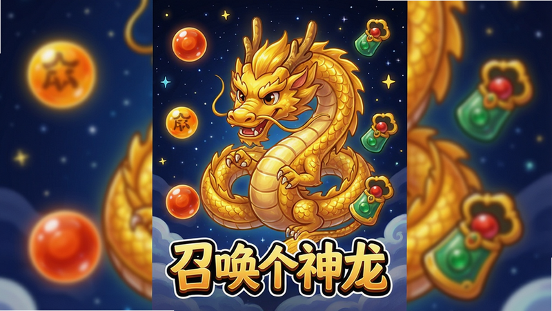 一幅色彩鲜艳的竖版手机游戏宣传海报,主体是“召唤个神龙”游戏画面,中央一条金光闪闪的神龙盘旋在星空背景中,周围漂浮着大小不一的龙珠与中式法宝,底部是游戏标题“召唤个神龙”艺术字,布局饱满,排版居中,风格为Q版卡通手绘,细节精致,画质高清干净无多余元素