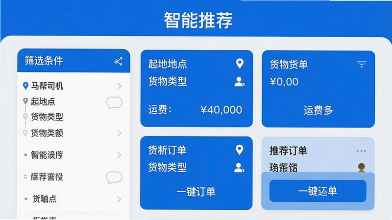 ���壺����˾��App������ƥ�书�ܽ��棬�Ϸ���ʾ�������Ƽ������������֣��������Ϊɸѡ���������Ҳ�Ϊ�Ƽ�������Ƭ���Ű棺��Ƭʽ���֣���Ϣ�㼶����������ִ���Լ��������ɫ��ϸ�ڣ�������Ƭ����ʾ���յ㡢�������͡��˷ѽ�����һ����Ŀ�ġ�һ����������ť�����ʣ��������ɾ����޶���Ԫ�ء�