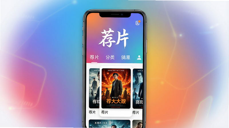主体:一款名为“荐片”的安卓手机应用界面,屏幕中显示电影海报墙,界面风格简洁现代。布局:手机位于画面中央,背景为渐变色,四周有柔光效果。排版:手机屏幕中突出“荐片”字样与分类导航栏,下方为横向滚动的视频封面。风格:扁平化设计,色彩明快,带有一点科技感。细节:海报封面清晰,文字“荐片”使用白色艺术字,界面图标精致。画质:8K超清,干净,无多余元素。