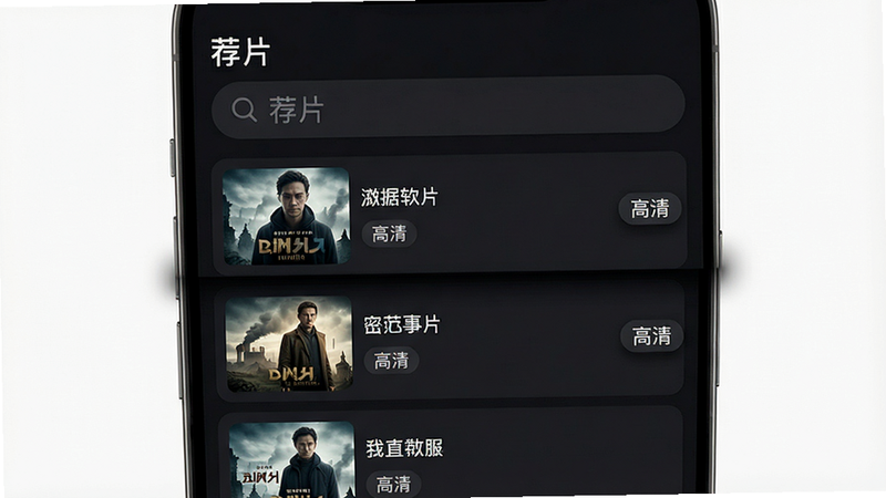 主体:“荐片”软件的资源搜索功能界面,屏幕上显示搜索结果列表,包含影片封面、清晰度标签。布局:手机竖屏展示,搜索框位于顶部,下方为列表式结果。排版:每条结果左侧为缩略图,右侧为片名与“高清”字样,界面以深色为主。风格:现代简约,强调功能清晰。细节:搜索框内有“荐片”水印,列表项有微弱的悬停阴影。画质:4K高分辨率,干净整洁,无多余元素。