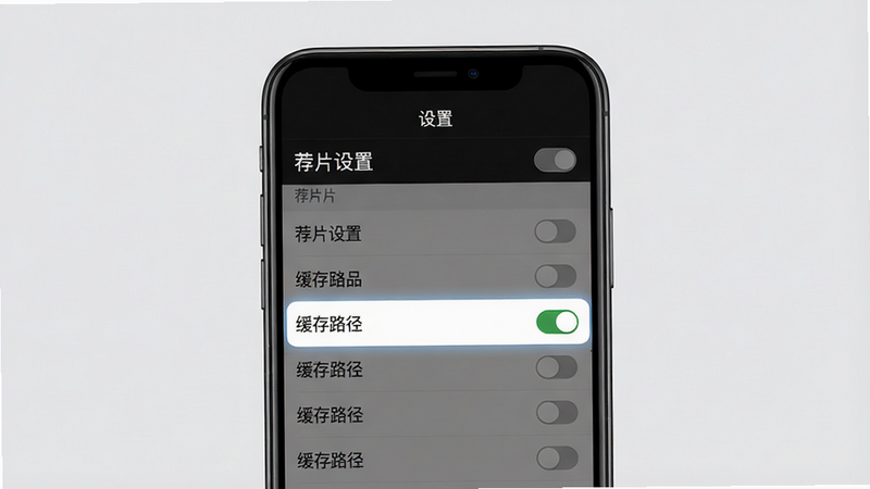 主体:手机屏幕展示“荐片”应用设置界面,显示“缓存路径”选项。布局:手机居中,背景为浅灰色,设置列表清晰。排版:屏幕顶部有“设置”标题,下方为多个设置项,其中“缓存路径”一行高亮。风格:简洁实用,贴近真实系统界面。细节:文字显示为“荐片设置”,并有开关按钮图标。画质:高清,干净无多余元素。