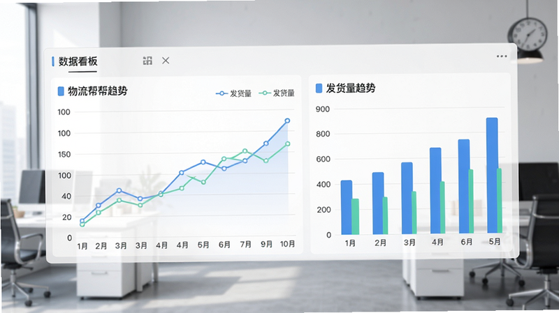 物流帮帮货主数据看板,折线图与柱状图展示发货量趋势,背景为办公室,风格商务简约,图表清晰,画质干净,无多余元素