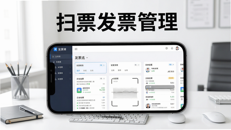 扫票发票管理软件主界面展示图,手机屏幕显示发票扫描识别结果列表,背景为简洁办公桌面,上方有“扫票发票管理”字样,主体突出,布局清晰,风格现代简约,细节丰富,画质高清,干净无多余元素