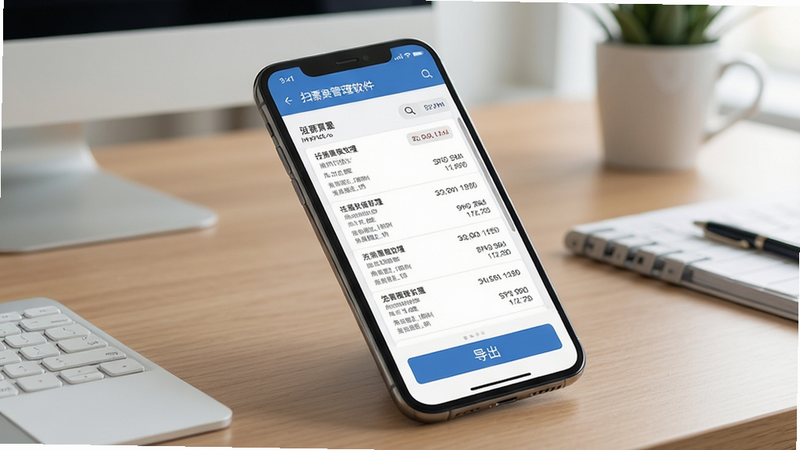扫票发票管理软件导出PDF功能演示图,手机屏幕显示发票列表和导出选项,背景为办公桌面,主体为手机,布局清晰,风格简洁,细节丰富,画质高清,干净无多余元素