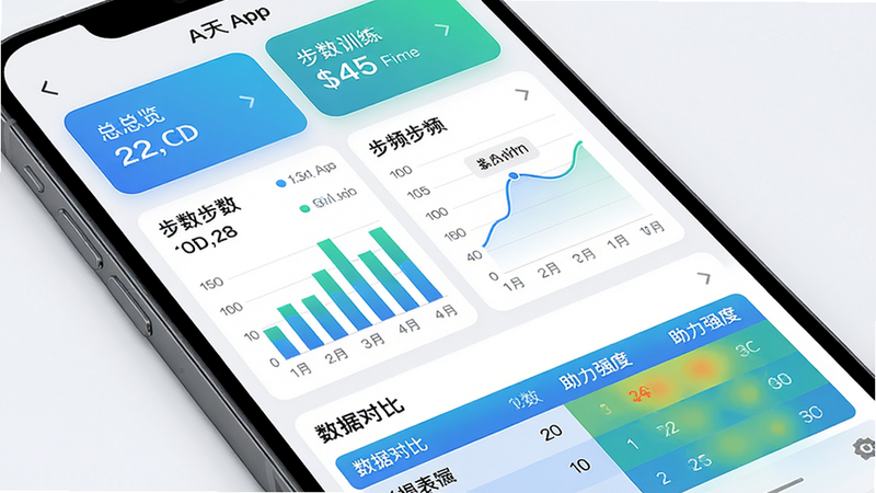 主体: 手机屏幕显示程天App的训练数据报告页面,包含步数柱状图、步频折线图和助力强度热力图。布局: 页面从上到下依次为总览卡片、图表区域、数据对比表格。排版: 图表使用蓝色和绿色配色,数据标签清晰。风格: 数据可视化、简洁专业。细节: 图表有平滑曲线,表格有渐变底色。画质: 高清渲染,干净,无多余元素。