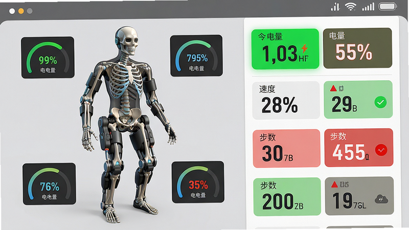 主体: 手机App界面显示外骨骼机器人的3D模型,周围环绕着电量、速度、步数等数据仪表盘。布局: 左右分栏,左侧为3D模型,右侧为数据列表,顶部为状态栏。排版: 数据用大号数字显示,绿色高亮表示正常,红色表示异常。风格: 科技感、数据可视化。细节: 背景为浅灰色,模型有骨骼透视效果,细节丰富。画质: 高清渲染,干净,无多余元素。