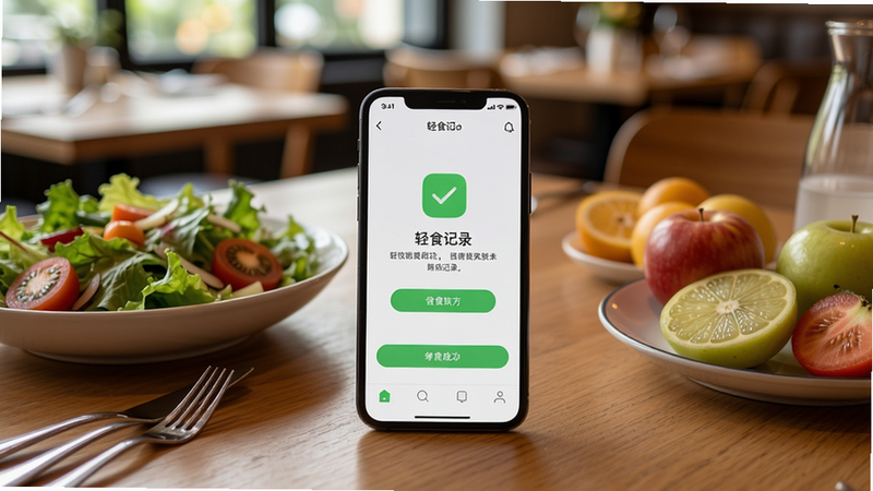 ��ʳ��App���ֻ��ϵ�ʹ�ó���ͼ���ֻ����ڲ����ϣ���Ļ��ʾ��ʳ��¼�ɹ���ʾ����Χ��ɳ����ˮ��������Ϊ����������������ͣ�������ʵ��Ȼ�������������޶���Ԫ�ء�