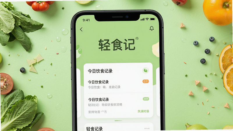 һ��չʾ��ʳ��App������ĸ����ͼ���ֻ���Ļ������ʾ����ʳ�ǡ�Logo�ͽ�����ʳ��¼��Ƭ������Ϊ���µ�ǳ��ɫ���������߲�ˮ��Ԫ�أ����������ִ���UI����ɾ������������������޶���Ԫ�ء�