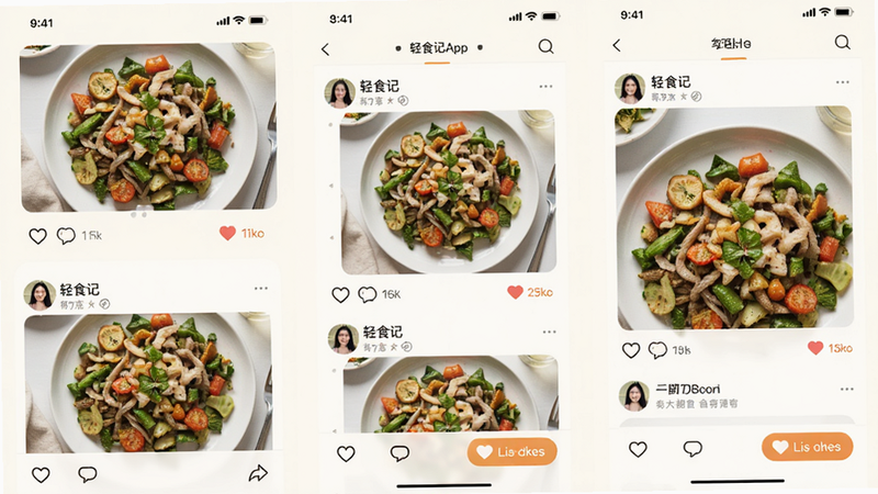 ��ʳ��App������̬ҳ���ͼ����Ļ�����û���������ʳ��Ƭ�͵������۰�ť������Ϊů��ɫ����������ܰ��Ծ������Ԫ�طḻ�������ң����ʸɾ����޶���Ԫ�ء�