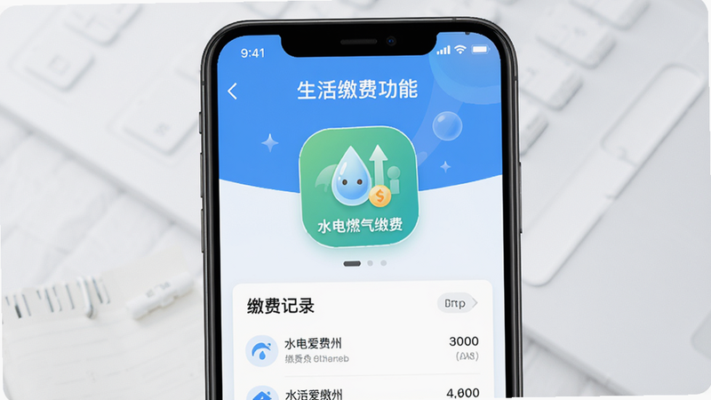 չʾ������App����ɷѹ��ܽ��棬��Ļ������ʾˮ��ȼ���ɷ�ͼ�꣬�·�Ϊ�ɷѼ�¼�б��������ɾ�������ɫ����ͼ���Ѻã����ʾ�ϸ���޶���Ԫ�ء�