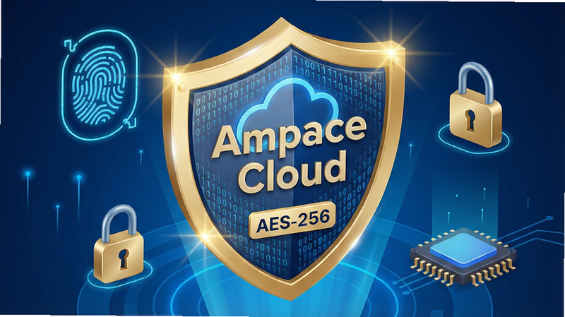 主体:Ampace Cloud 安全防护功能概念图,展示一个巨大的盾牌护住云端数据。布局:盾牌位于画面中央,周围环绕指纹、密码锁、加密芯片等元素,背景为蓝色科技光效。排版:盾牌上有“Ampace Cloud”字样,下方有“AES-256”加密标签,元素分布均匀。风格:3D渲染科技风,金色与蓝色搭配,光效璀璨。细节:盾牌表面有流动的二进制代码,指纹图标带有发光轮廓。画质:超高清,画面干净,无多余元素。