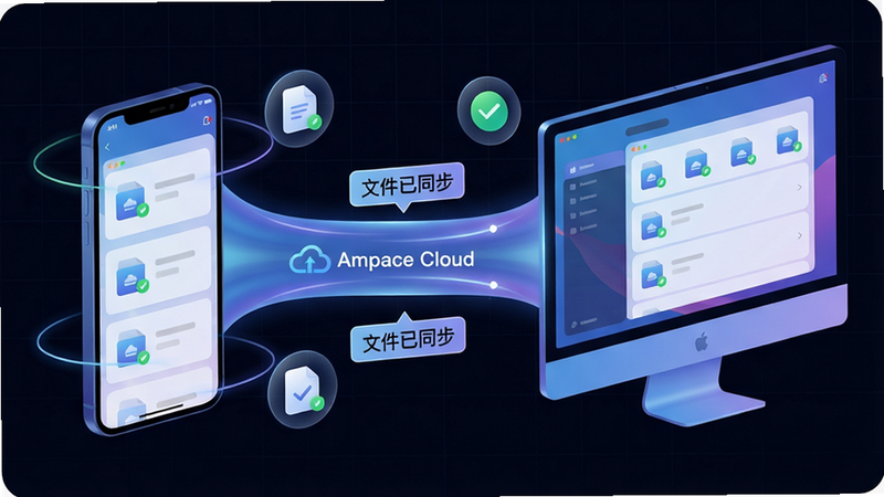 主体:Ampace Cloud 智能同步功能演示图,展示手机与电脑两端文件实时同步的动画效果。布局:左侧为手机界面,右侧为电脑屏幕,中间用流动的光束连接,周围环绕同步成功的提示图标。排版:光束上带有“文件已同步”的标签,两端设备屏幕中显示相同的文件列表,形成镜像对照。风格:科技感插画风,蓝紫渐变色,光效流畅,背景为深色网格。细节:光束中嵌入“Ampace Cloud”字样,文件图标带有小绿点表示已同步。画质:高细节渲染,画面干净,无多余元素。